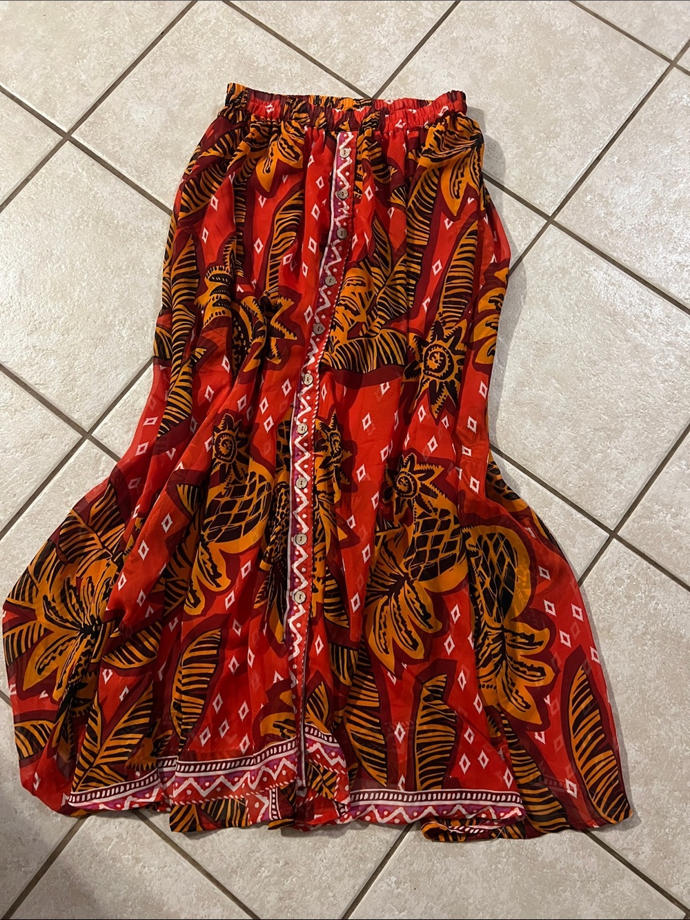 Boho Red Tropical Print Maxi Skirt with Elastic Waist